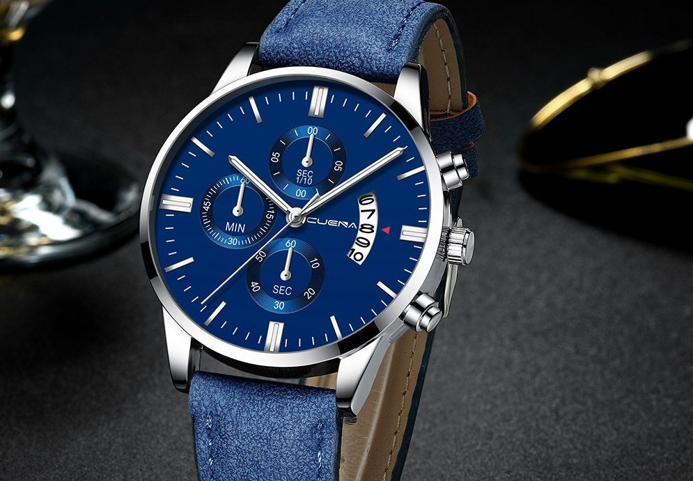 Men Leather Watch Faux Chronograph Date Quartz Watch Business Casual Watch